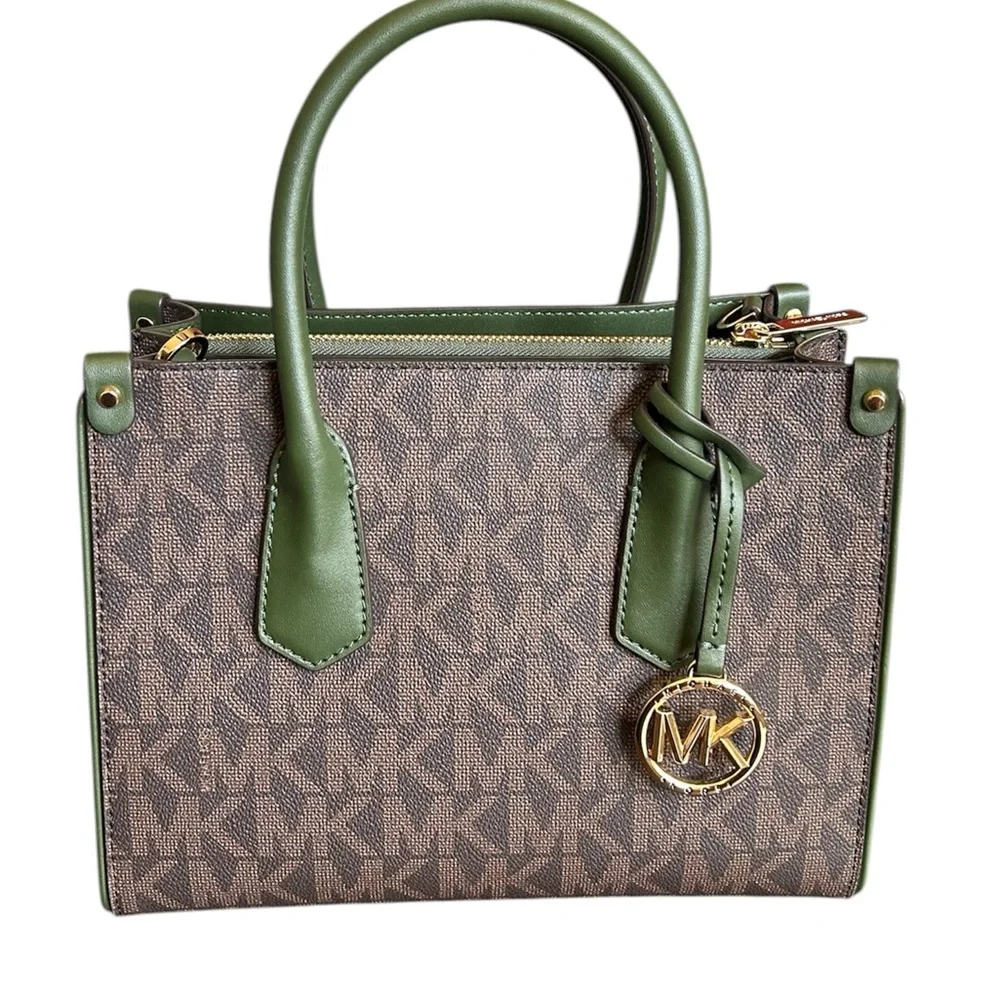 MICHAEL KORS Brown MK Logo Satchel with Olive Green Trim and Gold Hardware